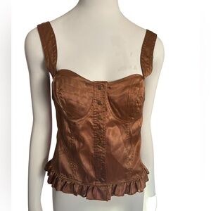 Satin Corset Top Bronze Button Front Ruffle Trim Sleeveless Bustier